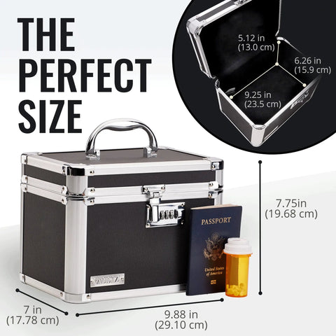 Heavy Duty Combination Lock Box For Documents And Valuables With Safe Storage For Cash, Meds, Personal Gear, shown with dimensions and passport, black chrome finish.