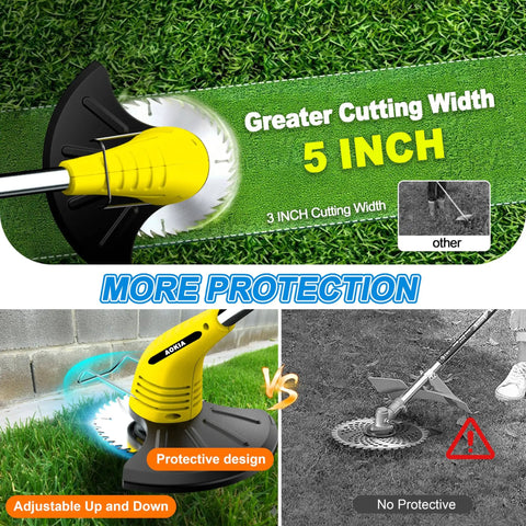 Cordless Electric Weed Wacker With 12V Battery shown with 5-inch cutting width and adjustable pole for lawn care