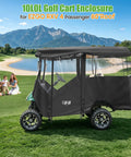 Top Shelf Golf Cart Enclosure For Ezgo Rxv Four Passenger Eighty Inch Extended Roof in black on golf course with family.