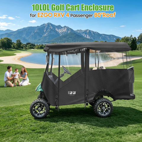 Top Shelf Golf Cart Enclosure For Ezgo Rxv Four Passenger Eighty Inch Extended Roof in black on golf course with family.