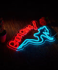 Lit Neon Sign for Wall Decor Dimmable LED Light USB Powered Neon Art for Pub Bar Store Man Cave Party with blue and red lights on wood surface 17 Inch by 13 Inch