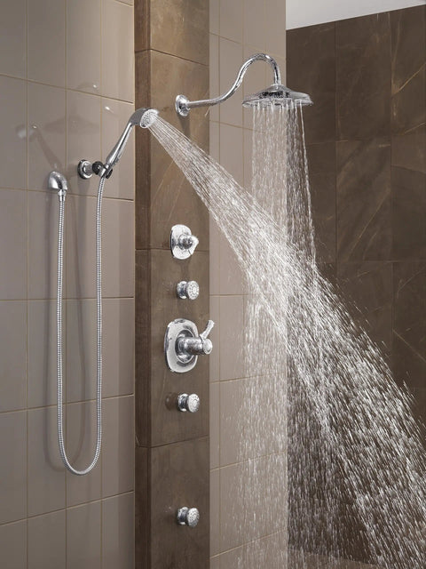 Chrome Shower Body Spray With Adjustable 30 Degree Spray, Easy Clean Touch-Clean Nubs, surface mount in modern bathroom