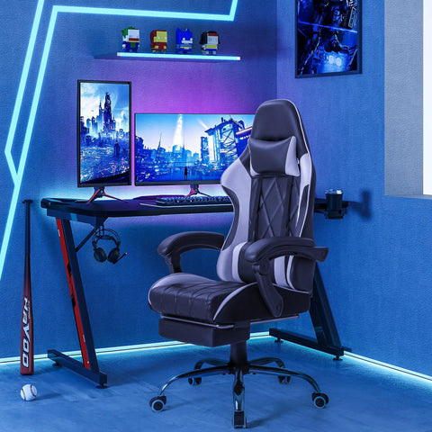 All Day Comfort Pro Grade Ergonomic High Back Gaming Chair with Footrest and Massage Lumbar Support shown in gaming setup