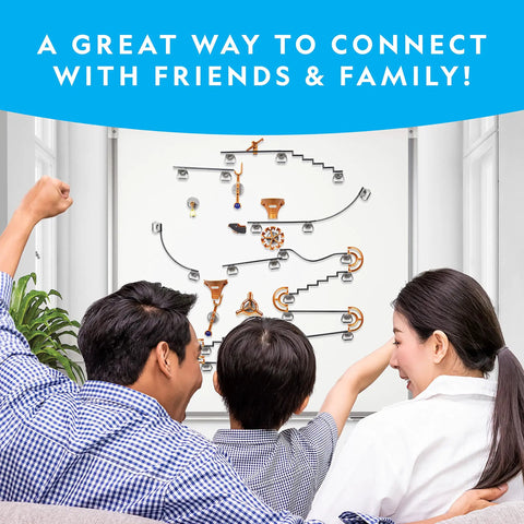 Family enjoying Magnetic Marble Run 75 Piece STEM Building Set With Magnetic Tracks And Trick Pieces Marbles on wall.