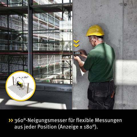 Long Range Laser Distance Meter With Bluetooth App For iPhone And iPad, Measures From 0.17 To 656.17 Feet, Lightweight Durable Digital Measuring Tool For Pros And DIYers. worker using laser distance meter on concrete wall