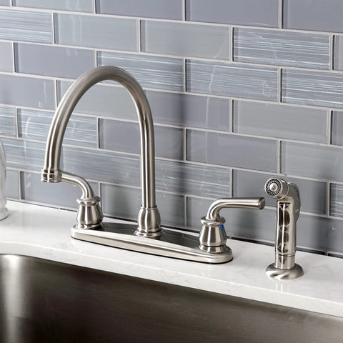 Old School Restoration Style 8-Inch Centerset Kitchen Faucet with Side Sprayer in Brushed Nickel, 4-hole deck mount viewed from front