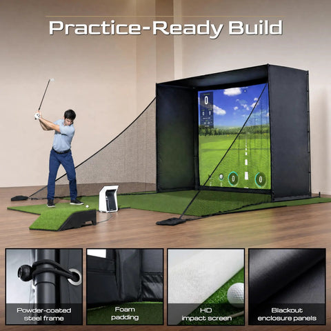 Rock Solid Golf Simulator Enclosure With 10X8 Ft HD Impact Screen and Dual Shank Nets for practice-ready setup in home.