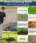 Person using Lawn Leveling Rake With 17x10 Inch Heavy Duty Stainless Steel Head And 72 Inch Adjustable Handle on grass