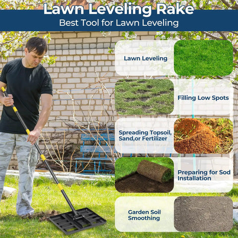 Person using Lawn Leveling Rake With 17x10 Inch Heavy Duty Stainless Steel Head And 72 Inch Adjustable Handle on grass