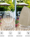Before and after of Patio Hanging Egg Chair Cover With Zipper UV Resistant Waterproof Outdoor Shield in camel color installed.