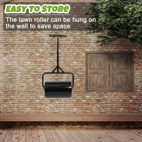 Heavy Duty Lawn Roller For Push Or Tow, Water And Sand Filled Garden Drum Roller hung on wall for storage, outdoor setup