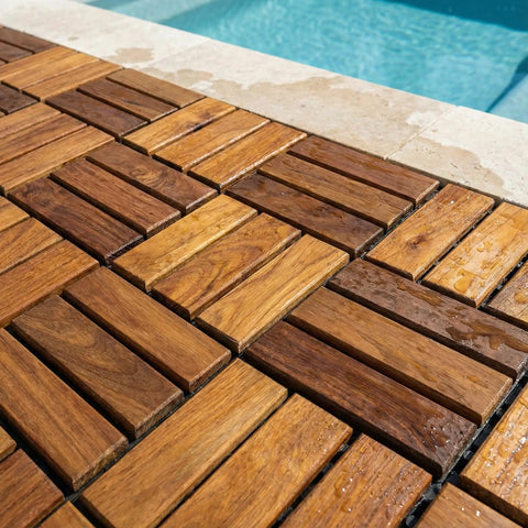 Teak Wood Interlocking Floor Tiles EZ Floor 12x12 Inch Pack Of 10 Solid Brown by a pool, showing water-resistant outdoor use.