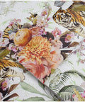 Close-up of Forest Peel And Stick Floral Wallpaper With Jungle Animals Removable White Green Pink Vinyl, showing tiger and floral design.