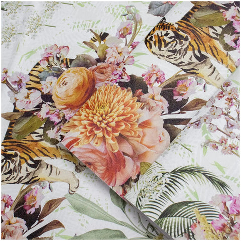 Close-up of Forest Peel And Stick Floral Wallpaper With Jungle Animals Removable White Green Pink Vinyl, showing tiger and floral design.