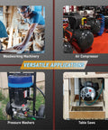 Collage of four home-improvement tools: air compressors, woodworking machinery, pressure washers, and table saws.