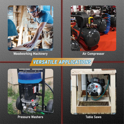 Collage of four home-improvement tools: air compressors, woodworking machinery, pressure washers, and table saws.