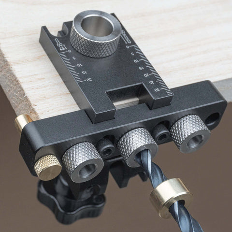 3 In 1 Dowel Jig Kit With Pocket Hole Locator And Adjustable Drill Guide for Quick No Fuss DIY Furniture Assembly on wooden board