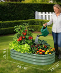 Two Pack Raised Garden Bed Kits 4x2x1 Ft Green Oval Galvanized Metal Planter Beds with vegetables and woman watering