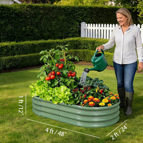 Two Pack Raised Garden Bed Kits 4x2x1 Ft Green Oval Galvanized Metal Planter Beds with vegetables and woman watering