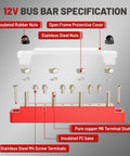 Heavy Duty 150A 12V Bus Bar With Cover, Dual Terminal Block For Car Boat Marine Solar Systems, 4 M6 Studs And 6 M4 Studs, 48V DC Ready, Keeps Wiring Clean And Safe, Black And Red shown with red bus bar, white cover, and hardware layout