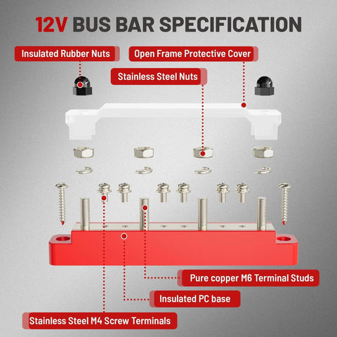 Heavy Duty 150A 12V Bus Bar With Cover, Dual Terminal Block For Car Boat Marine Solar Systems, 4 M6 Studs And 6 M4 Studs, 48V DC Ready, Keeps Wiring Clean And Safe, Black And Red shown with red bus bar, white cover, and hardware layout
