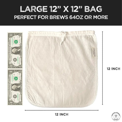 2 Pack Large 12x12 Organic Cotton Cold Brew Coffee Bag Reusable Filter With Easy Open Drawstring next to dollar bills