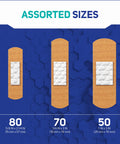 Fabric Adhesive Bandages 200 Count Bulk Assorted Sizes With Flexible Breathable Protection 4 Sided Seal Pocket Pad Tech displayed in sizes 80, 70, 50