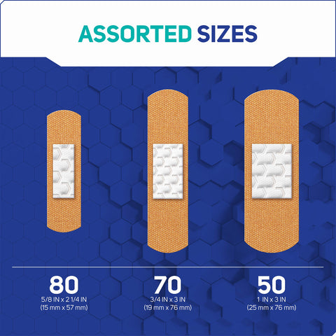 Fabric Adhesive Bandages 200 Count Bulk Assorted Sizes With Flexible Breathable Protection 4 Sided Seal Pocket Pad Tech displayed in sizes 80, 70, 50