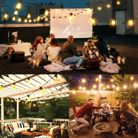131 Ft LED Outdoor String Lights With Shatterproof S14 Bulbs Dimmable And Waterproof Commercial Grade Connectable For Party Ready Patio Parties And Outdoor Events, illuminating a rooftop gathering, patio, and garden seating area.