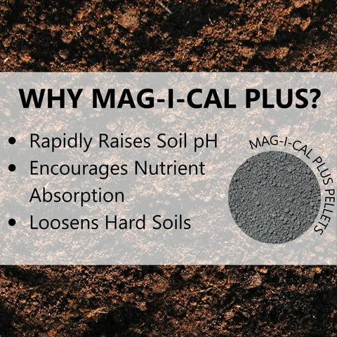Mag-I-Cal Plus Soil Booster For Lawns, Raises pH In Acidic And Hard Soils, Loosens Compact Ground, shown with product benefits text.