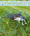 Kids enjoying 10 Foot Climbing Dome With Hammock For Kids Outdoor Jungle Gym Metal Climber Supporting 880 Lbs in blue and green.