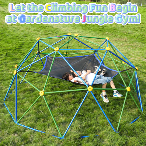 Kids enjoying 10 Foot Climbing Dome With Hammock For Kids Outdoor Jungle Gym Metal Climber Supporting 880 Lbs in blue and green.