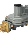 Front view: Emerson-Fisher LP-Gas two-stage regulator, gray body with brass 3/4 in NPT inlet.