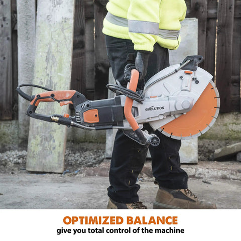 Person holding R12DCT 12 Inch Concrete Saw With Water Fed Dust Suppression For Masonry Electric No Gas Four And One Half Inch Cut Depth Adjustable Blade Guard Includes Premium Diamond Blade Workhorse Heavy Duty Dust Control