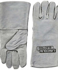 Leather Welding Gloves KH641 Pro Grade Heavy Duty Heat Resistant Gauntlet Cuff With Cotton Lining, Grey One Size, front and back view.