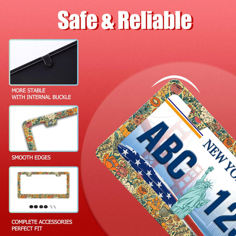 Cool Floral Print Stainless Steel License Plate Frame With Screws 12x6 Inch, details of frame and screw set, close-up