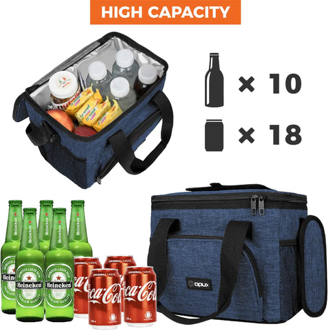 Soft Sided Insulated Cooler Bag For Work And Adventure Collapsible Portable Lunch Cooler That Keeps Food And Drinks Cold Beach Ready And Everyday Use, Leakproof Waterproof Design Large Capacity Fits 18 Cans With Shoulder Strap Heather Navy, showing filled and empty views, with bottle and can capacity.