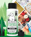 Mini Precision Craft Glue With Tip Kit For Fine Paper Crafting Scrapbooking And Card Making Its Go To Adhesive For All Your Projects 2 Fluid Ounces Acid Free Archival Clear Drying Super Strong Hold Made In USA bottle with precision tips and craft samples.