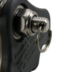 Close-up of Arborist Rope Brake And Fall Arrestor With Rubberized Cover And Removable Cam Lock, showing stainless steel pin.