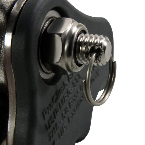Close-up of Arborist Rope Brake And Fall Arrestor With Rubberized Cover And Removable Cam Lock, showing stainless steel pin.