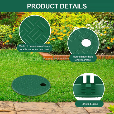 2 Pack Quick Fit Round Sprinkler Valve Box Cover with finger hole and elastic buckle on lawn, fits 5.5in ID, 6in OD