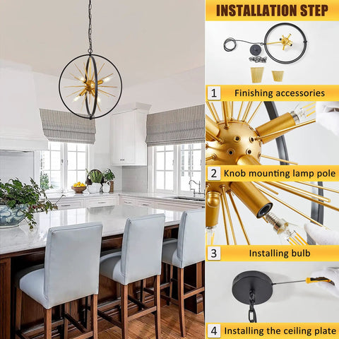Modern Sputnik Style 6 Light Starburst Chandelier installation guide in kitchen setting