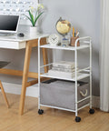 Three Tier Rolling Utility Cart With Metal Shelves On Wheels White Finish For Kitchen Office And Home Organization 12 Inch Depth.