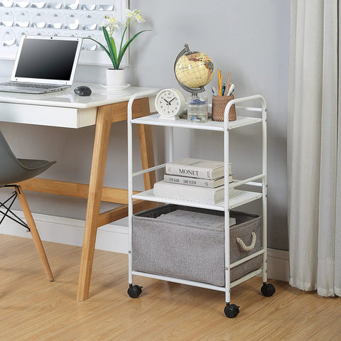 Three Tier Rolling Utility Cart With Metal Shelves On Wheels White Finish For Kitchen Office And Home Organization 12 Inch Depth.