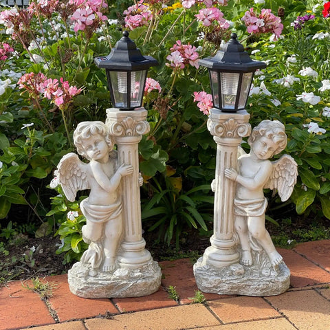 Lit Solar Angel Garden Statue With Roma Pillar For Outdoor Decor And Lawn Or Patio Nineteen Point Seven Inch Left Facing Angel