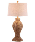 Natural Woven Water Hyacinth Table Lamp 31 Inch for Living Room Coastal Farmhouse Urn Base with Gray Linen Drum Shade LED Bulb Included