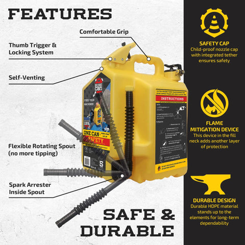 Tough 5 Gallon Type Ii Safety Jerry Can In Bright Yellow with thumb trigger and flexible rotating spout features
