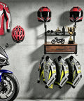 Heavy Duty Wall Mounted Helmet Rack With 4 Hanging Hooks, Drawer And Mesh Basket, holding helmets, jackets, and riding gear