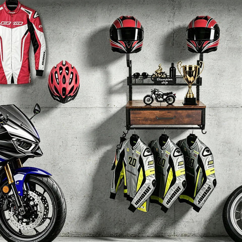 Heavy Duty Wall Mounted Helmet Rack With 4 Hanging Hooks, Drawer And Mesh Basket, holding helmets, jackets, and riding gear