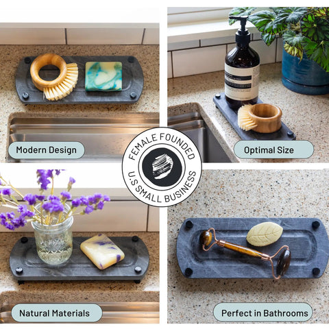 Top Tier Sink Organizer Tray Crafted From Ultra Absorbent Diatomaceous Earth Stone With Rugged Stainless Legs For Quick Drying Kitchen Counter Setup That Kills Puddle Problems displaying modern design and natural materials.